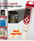 Hydrogen Water Tester Meter 7 In 1 Digital H2 ORP pH TDS EC with display showing 1320 ppb hydrogen reading, upgrade features shown.