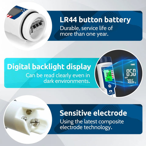 Hydrogen Water Tester With Dual H2 Modes And 4 In 1 pH ORP Meter For Drinking Water features LR44 battery, digital display, sensitive electrode.