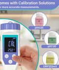 Hand holding Hydrogen Water Tester Meter For Drinking And Bottled Water Yewhick 7 In 1 H2 TDS EC pH ORP with calibration solutions