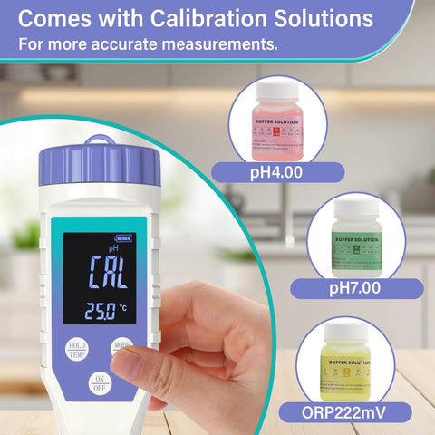 Hand holding Hydrogen Water Tester Meter For Drinking And Bottled Water Yewhick 7 In 1 H2 TDS EC pH ORP with calibration solutions