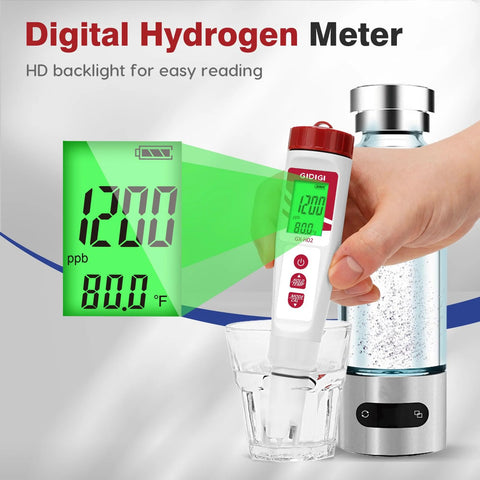 Hydrogen Water Tester With Dual PH And ORP Meter showing digital display and testing hydrogen levels in glass with backlight feature.