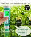 Hydrogen Water Tester 10 In 1 Digital Water Meter for drinking, showing fertility reading in hydroponic garden, hand holding device.