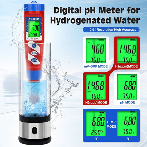 Hydrogen Water Tester And PH Meter For Hydrogenated Water Digital H2 Meter in use, showing mV-ORP, TEMP, and hydrogen measurement modes.