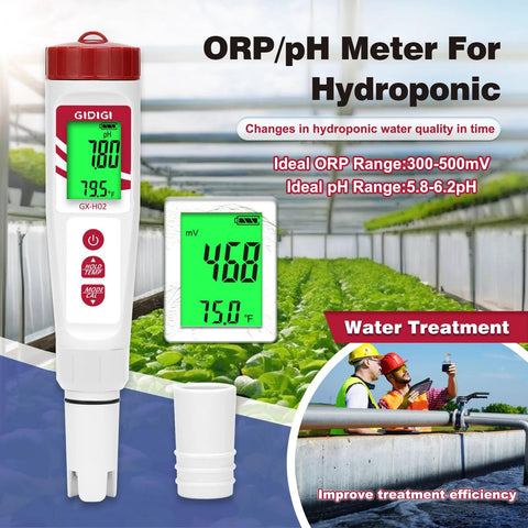 Hydrogen Water Tester With Dual PH And ORP Meter for hydroponics, showing digital display and readings in a greenhouse setting.