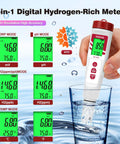 Person using Hydrogen Water Tester With Dual PH And ORP Meter to test a glass of water, LCD displays PH, ORP, Hydrogen levels.