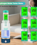 portable hydrogen water tester displaying pH, ORP, H2, and temperature readings ideal for home labs, pools, and hydroponics