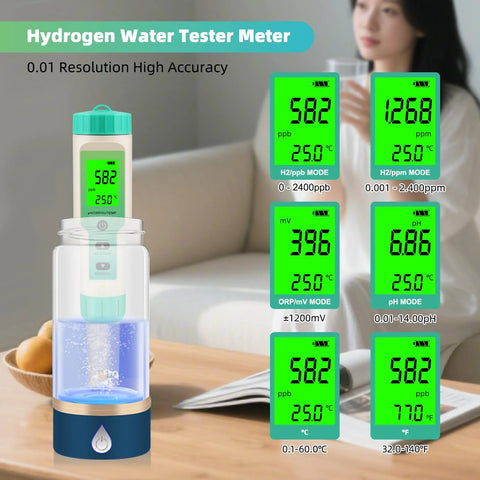 portable hydrogen water tester displaying pH, ORP, H2, and temperature readings ideal for home labs, pools, and hydroponics