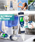 Hydrogen Water Tester with Dual H2 Modes and 4 in 1 pH ORP Meter for Drinking Water, showing digital display and water types.