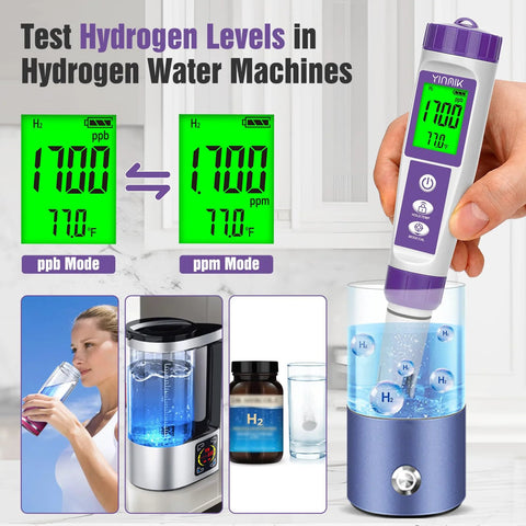 Person using Yinmik All In One Hydrogen Water Tester Kit With TDS Meter and ORP pH EC Tester, showing digital readout and ppm mode.
