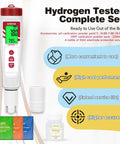 Hydrogen Water Tester with Dual PH and ORP Meter for Drinking Water, includes calibration powders and solution, digital display.