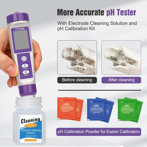 All In One Hydrogen Water Tester Kit with TDS Meter and ORP pH EC Tester showcasing pH cleaning solution and calibration powders.