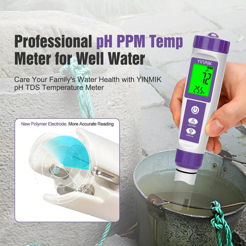Person using All In One Hydrogen Water Tester Kit With TDS Meter And ORP pH EC Tester for water quality measurement, close-up view