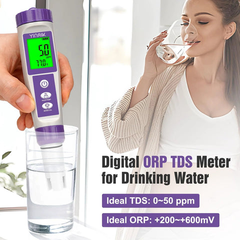 Person using All In One Hydrogen Water Tester Kit With TDS Meter And ORP pH EC Tester For Drinking Water holding a glass