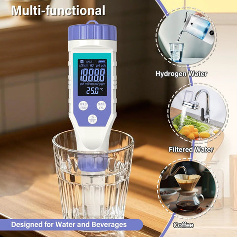 Hydrogen Water Tester Meter For Drinking And Bottled Water Yewhick 7 In 1 H2 TDS EC pH ORP measuring in a glass of water