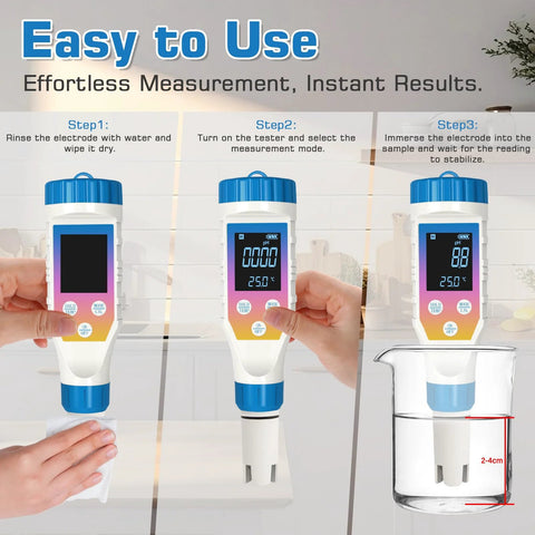Steps to use All In One Hydrogen Water Tester Meter For Hydrogen Water Bottle 7 In 1 PH H2 TMEP EC TDS ORP Salt Kit