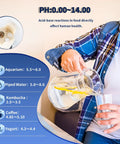 Person pouring water from a pitcher with pH levels guide for aquarium, piped water, kombucha, coffee, and yogurt; relevant for hydrogen water tester kit.