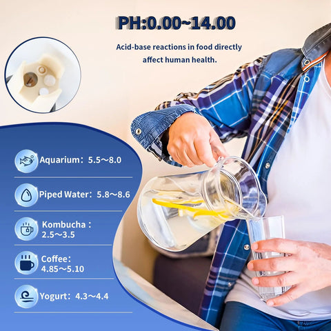 Person pouring water from a pitcher with pH levels guide for aquarium, piped water, kombucha, coffee, and yogurt; relevant for hydrogen water tester kit.