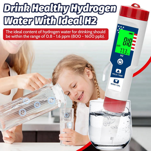 4 In 1 Water Quality Tester For Drinking Water With pH, Hydrogen H2, ORP And Temperature Readouts displayed near a child pouring water.