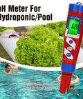 Hydrogen Water Tester And PH Meter For Hydrogenated Water Digital H2 Meter ORP PPM Modes, displayed near hydroponic lettuce and pool
