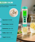 Portable hydrogen water tester measuring pH and temperature in a glass of lemon water on a table.