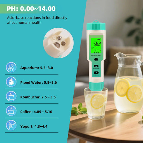 Portable hydrogen water tester measuring pH and temperature in a glass of lemon water on a table.
