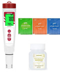 Hydrogen Water Tester With Dual PH And ORP Meter For Drinking Water, shown with pH buffer powders and ORP electrode.