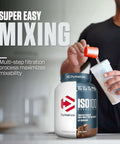 Man mixing Hydrolyzed Whey Isolate Protein Powder With 25g Protein And 5.5g BCAAs Per Serving, Gluten Free Gourmet Chocolate 3 lb canister