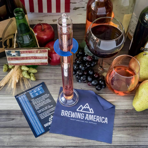 NIST traceable hydrometer kit USA on table with wine and fruit