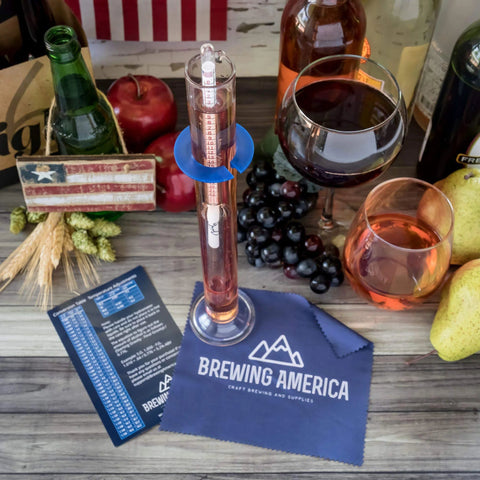 NIST traceable hydrometer kit USA with test jar for homebrewing and wine making, featuring borosilicate glass cylinder and brewing guide.