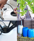 Hydroponic system and water barrels, showing various connections and plant setups.