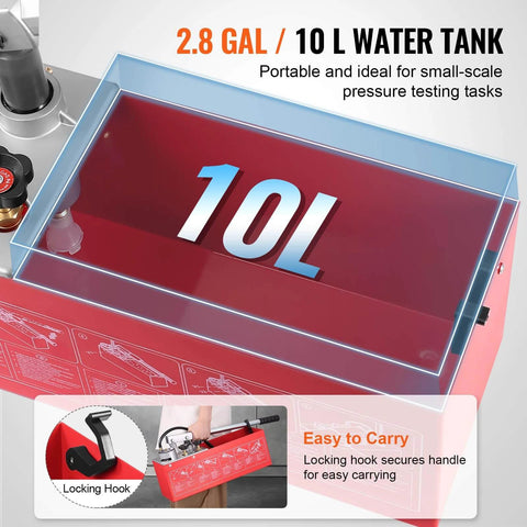 Hydrostatic Test Pump, Max 25 bar/362 PSI, Dual Valve Hydraulic Manual Water Pressure Tester Kit showing 2.8 Gal Water Tank