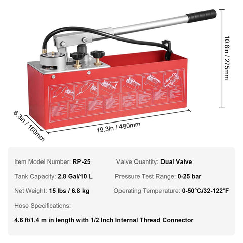 Hydrostatic Test Pump, Max 25 bar/362 PSI, Dual Valve Hydraulic Manual Water Pressure Tester Kit with Gauge 2.8 Gal Water Tank