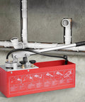 Hydrostatic Test Pump, Max 25 bar/362 PSI, Dual Valve Hydraulic Manual Water Pressure Tester Kit with Gauge 2.8 Gal Water Tank, 4.6 ft Hose with 1/2 inch External Thread Connector for Pipeline, shown near plumbing pipes.