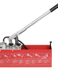 Hydrostatic Test Pump, Max 25 bar/362 PSI, Dual Valve Hydraulic Manual Water Pressure Tester Kit with Gauge, red tank, side view.