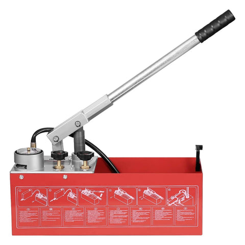 Hydrostatic Test Pump, Max 25 bar/362 PSI, Dual Valve Hydraulic Manual Water Pressure Tester Kit with Gauge, red tank, side view.