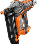 HyperDrive 18V Brushless 16 Gauge Straight Finish Nailer Cordless Nail Gun For Trim Cabinets Baseboards Crown Molding And More Two And A Half Inch Nails Refurbished Single Unit Delivers Power Mobility And Precision Fastening. Side view showing orange and black design.