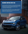 Blue SUV displayed in front of shipping containers with details about a blower motor with fan.