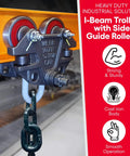 Heavy Duty Beam Trolley With Side Guide Rollers, 3/4 Ton Capacity, Cast Iron Body for I-Beams, Chain Hoists, Smooth Operation