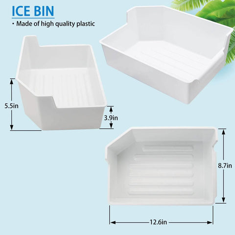 All in one ice maker replacement kit for Electrolux Frigidaire top freezers showing high-quality plastic ice bin dimensions