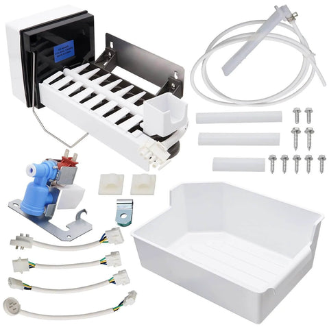 All in one ice maker replacement kit for Electrolux Frigidaire top freezers, includes ice maker, bin, valve, tubing, hardware