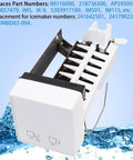 Front view of all in one ice maker replacement kit for Electrolux Frigidaire top freezers, includes ice maker and control panel.