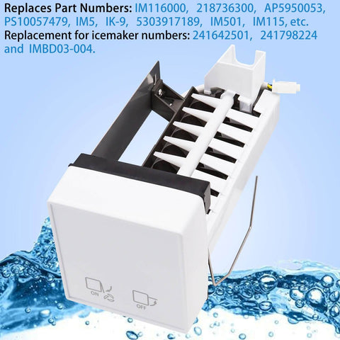 Front view of all in one ice maker replacement kit for Electrolux Frigidaire top freezers, includes ice maker and control panel.