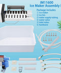 All in one ice maker replacement kit for Electrolux Frigidaire top freezers, includes ice maker, ice bin, water valve, tubing and hardware.