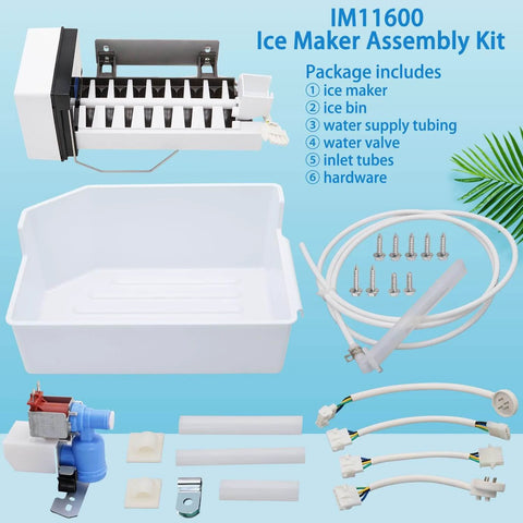 All in one ice maker replacement kit for Electrolux Frigidaire top freezers, includes ice maker, ice bin, water valve, tubing and hardware.