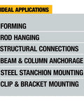 Chart listing ideal applications for Efficient 20V Max SDS Plus 1 In Rotary Hammer with D-Handle, including forming and anchorage.