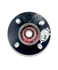 Top view of a pre-greased 4-hole 4-inch bolt circle idler hub for 2000 lb trailer axles, featuring L44649 bearings and lug nuts.