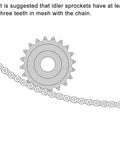 Diagram showing proper alignment of a 15 Tooth Chain Idler Sprocket for Three Eighths Inch Pitch with 10mm Bore and Bearing with a chain.