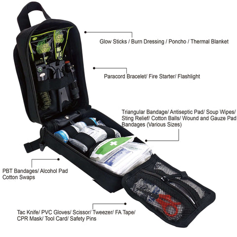 Open view of 250 Piece Go To Survival IFAK First Aid Kit With Molle Pouch showing contents like bandages and emergency gear.