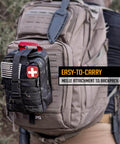 250 Piece Go To Survival IFAK First Aid Kit With Molle Pouch For Camping Hiking Boating And Emergency Preparedness attached to backpack