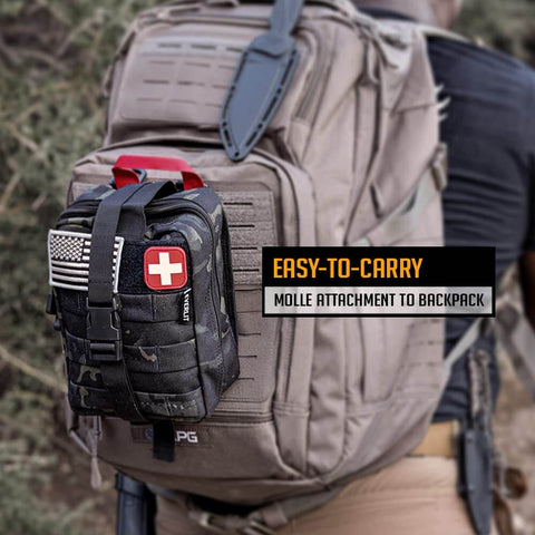 250 Piece Go To Survival IFAK First Aid Kit With Molle Pouch For Camping Hiking Boating And Emergency Preparedness attached to backpack